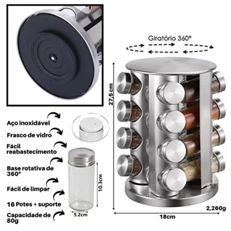 Porta Tempero Inox Giratorio com 16 potes